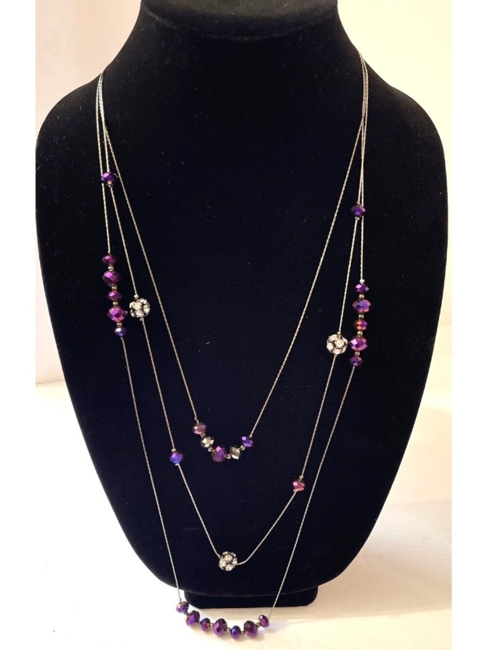 Lane Bryant Long Three Strand Rhinestone Purple Faceted Necklace Vintage Y2K Dea